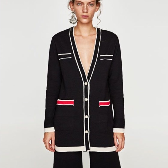 Zara Black Contrast Piping Knit Cardigan with Pearl Buttons - Picture 1 of 7